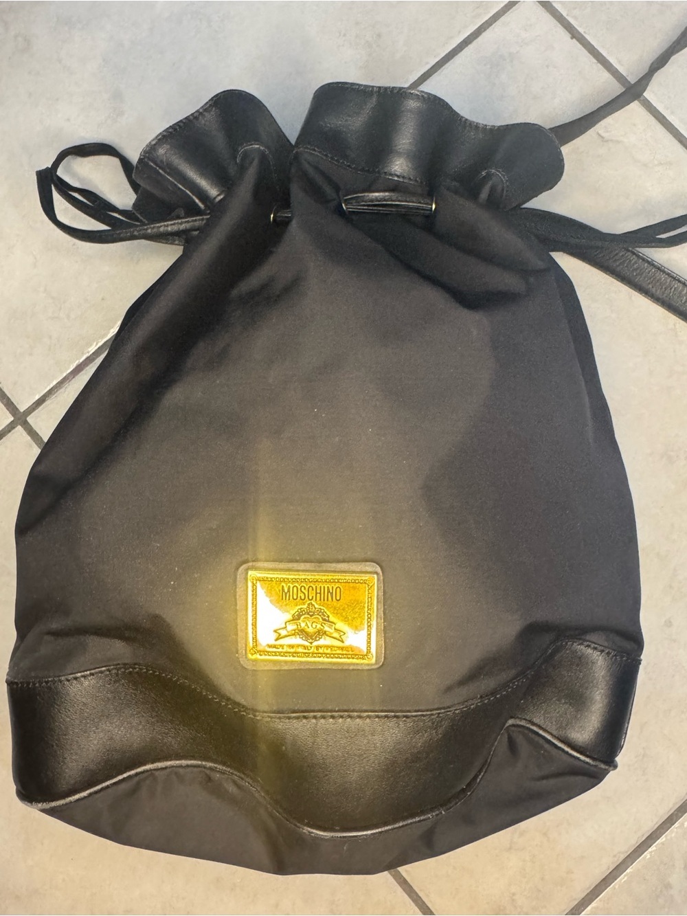 Moschino Black Drawstring Backpack with Gold Logo Patch 14x13x6